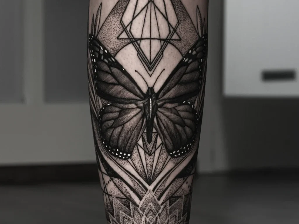 Ornamental blackwork butterfly tattoo with mandala dotwork covering a calf