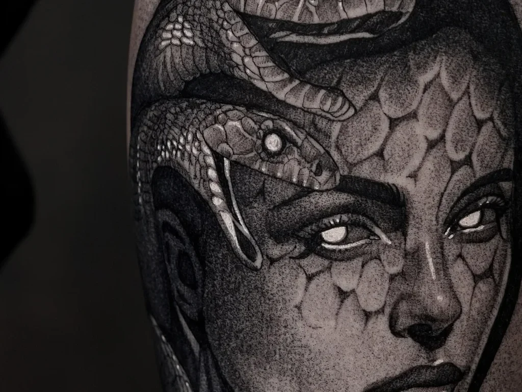50 Animal Tattoo Ideas: The Complete Guide by Animal, Style and Placement 6 Black and grey Medusa tattoo with detailed snakes for hair by Dom Carter