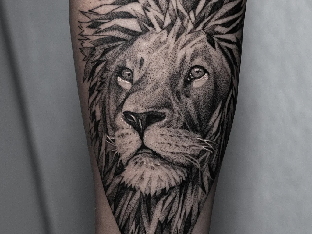 50 Animal Tattoo Ideas: The Complete Guide by Animal, Style and Placement 7 Blackwork lion head tattoo with a full mane on a forearm