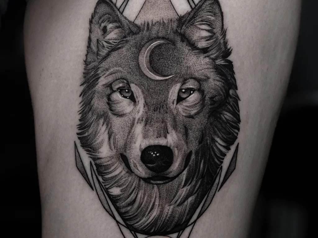 50 Animal Tattoo Ideas: The Complete Guide by Animal, Style and Placement 11 Black and grey wolf head tattoo with a crescent moon inside a geometric frame on a thigh
