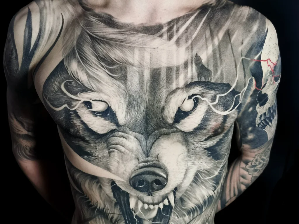50 Animal Tattoo Ideas: The Complete Guide by Animal, Style and Placement 12 Huge black and grey wolf face tattoo covering a man's chest and stomach