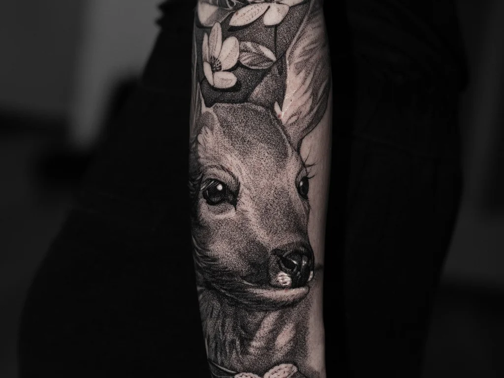 50 Animal Tattoo Ideas: The Complete Guide by Animal, Style and Placement 16 Black and grey fawn tattoo with flowers on a forearm