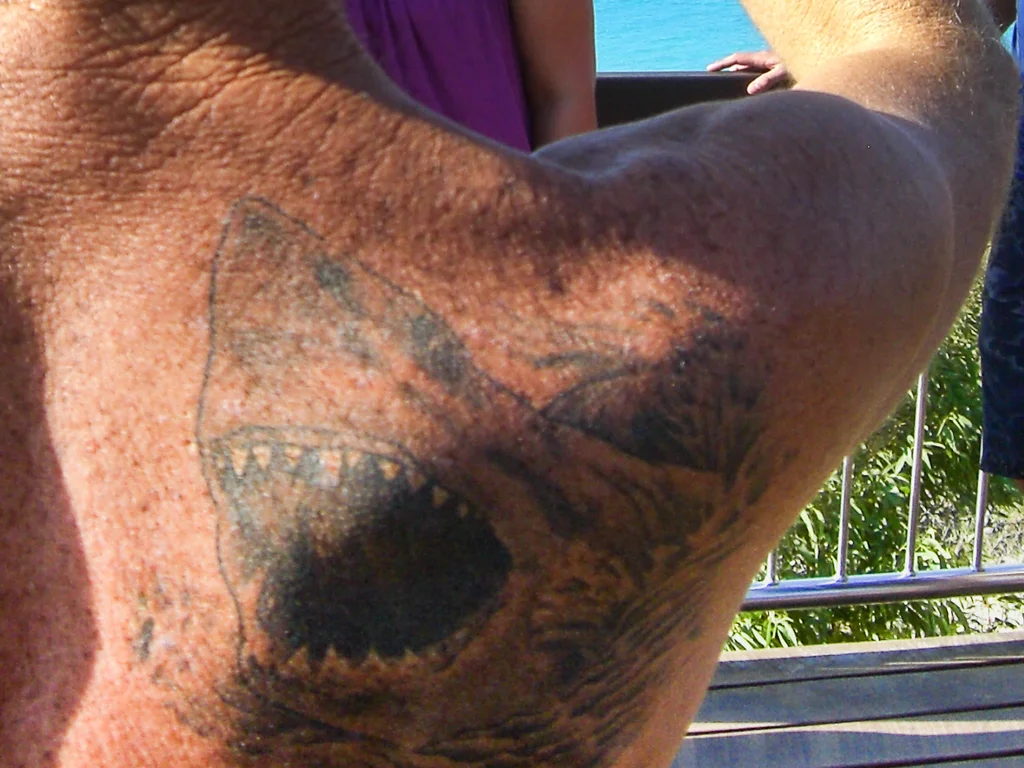 50 Animal Tattoo Ideas: The Complete Guide by Animal, Style and Placement 45 Faded shark tattoo with open jaws across a shoulder blade