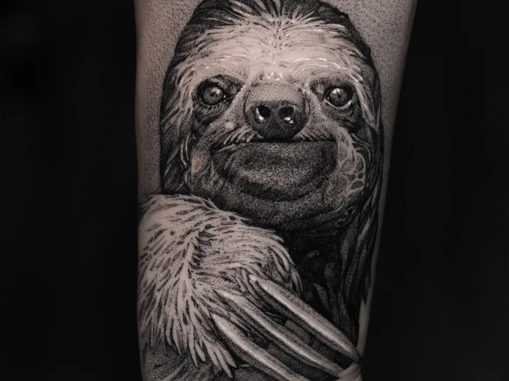 50 Animal Tattoo Ideas: The Complete Guide by Animal, Style and Placement 51 Black and grey sloth portrait tattoo clinging to a forearm