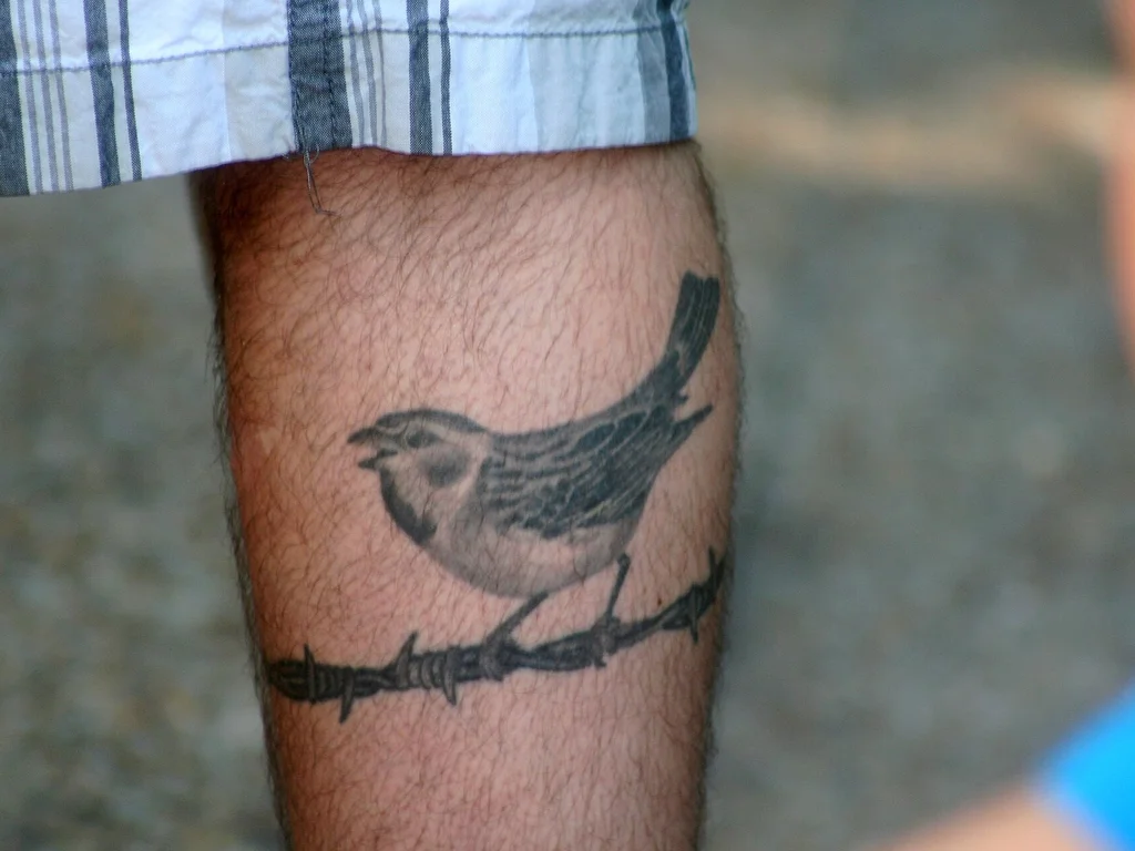 35 Bird Tattoo Ideas: Meanings, Species and Best Placements 6 Small sparrow tattoo perched on a branch on a calf