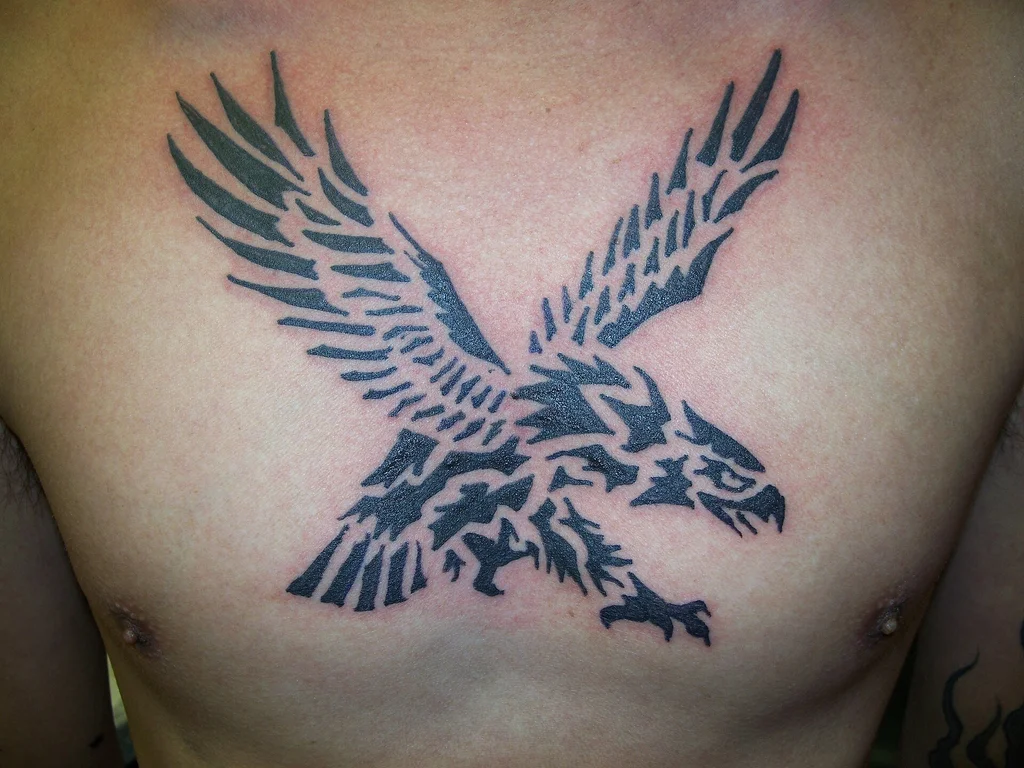35 Bird Tattoo Ideas: Meanings, Species and Best Placements 12 Tribal style eagle tattoo across a chest