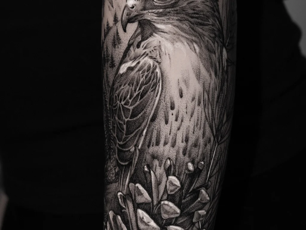 35 Bird Tattoo Ideas: Meanings, Species and Best Placements 14 Black and grey falcon tattoo among leaves on a forearm