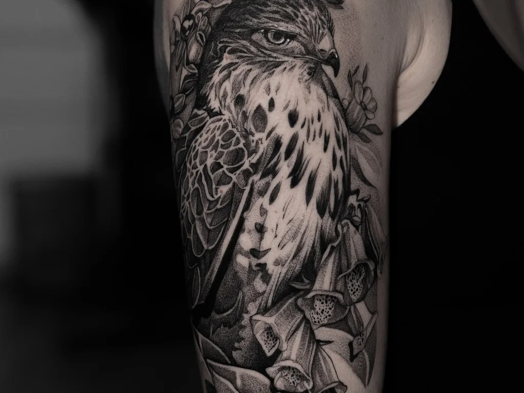 35 Bird Tattoo Ideas: Meanings, Species and Best Placements 15 Black and grey falcon tattoo with roses on an upper arm