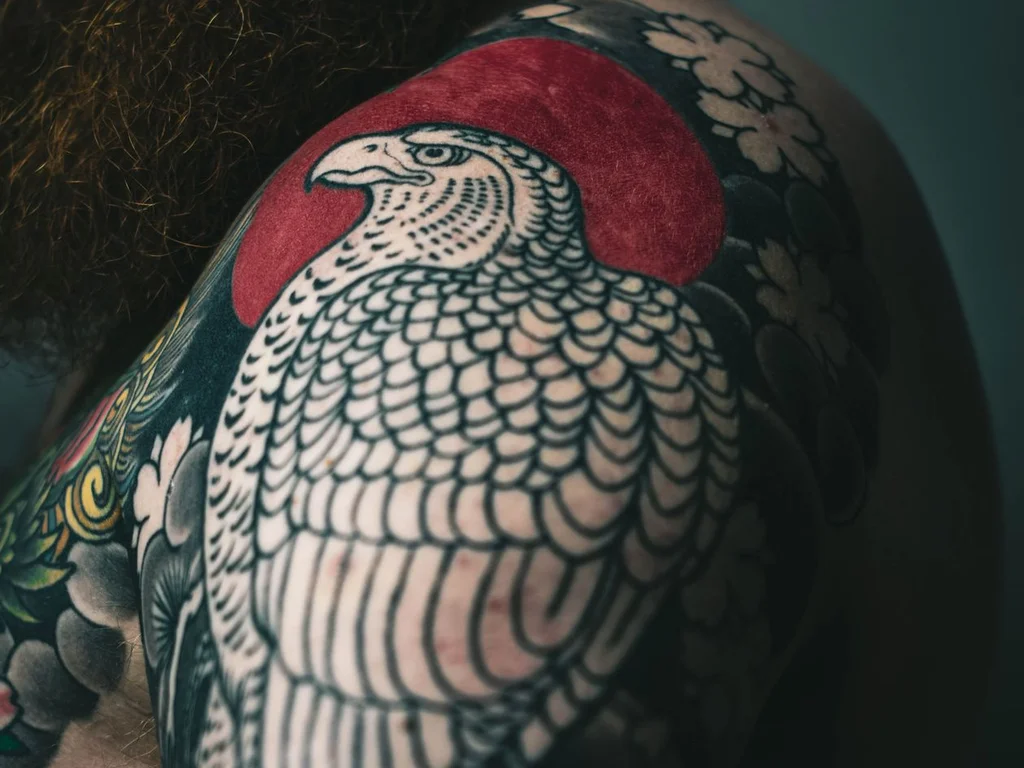 35 Bird Tattoo Ideas: Meanings, Species and Best Placements 18 Japanese style hawk tattoo with a red sun on an upper arm