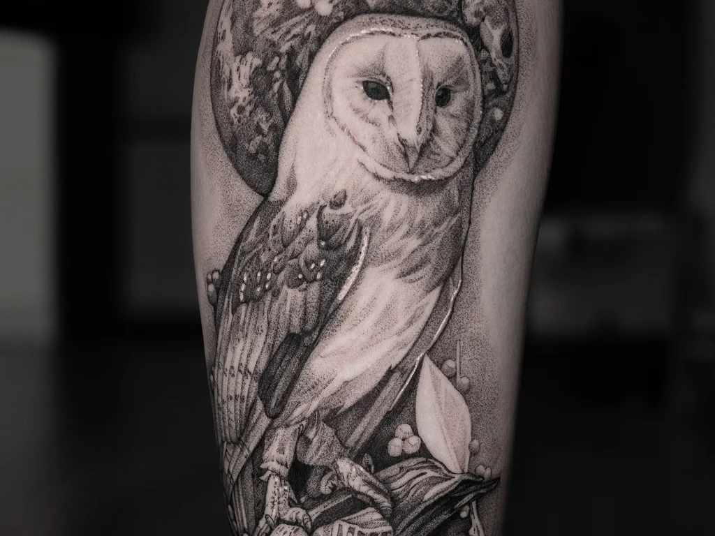 35 Bird Tattoo Ideas: Meanings, Species and Best Placements 20 Barn owl tattoo with a full moon on a forearm