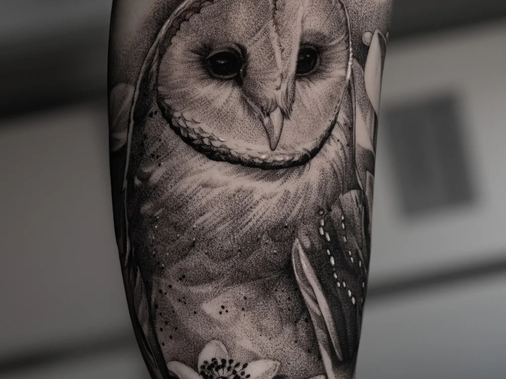35 Bird Tattoo Ideas: Meanings, Species and Best Placements 21 Barn owl face tattoo in black and grey on a forearm