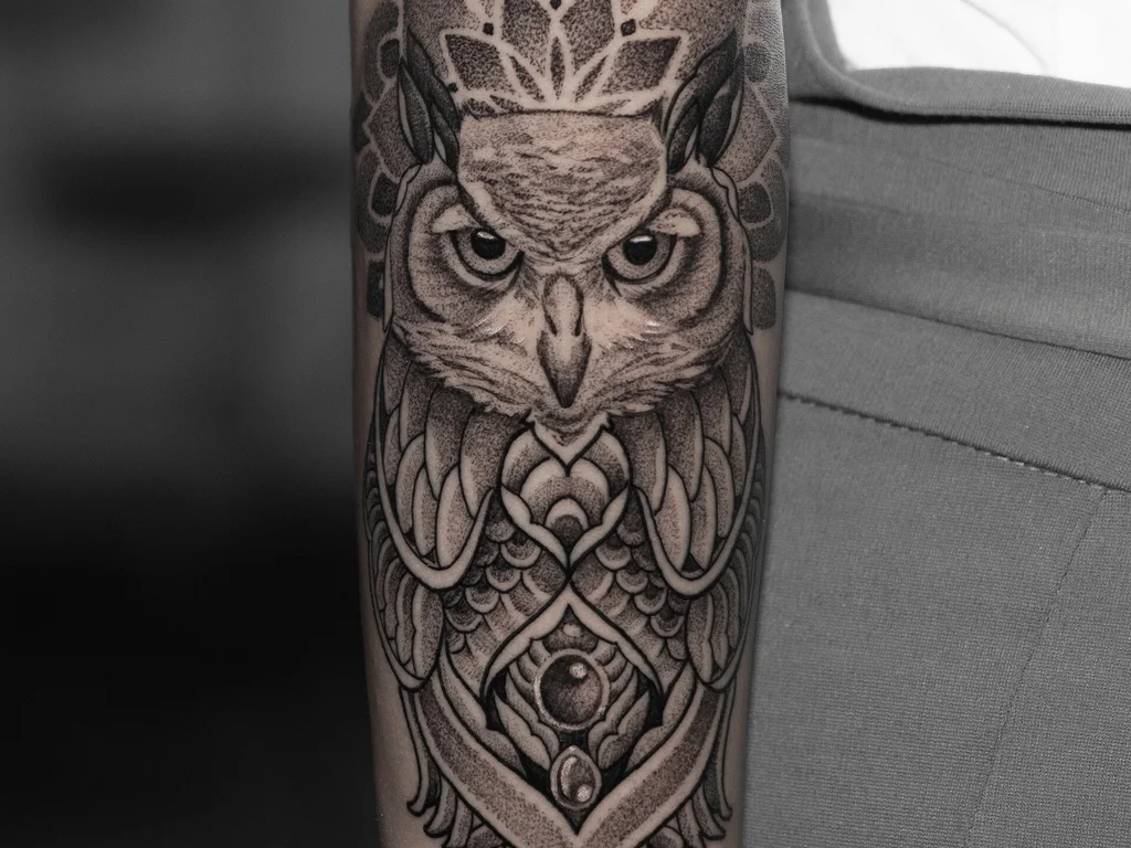 35 Bird Tattoo Ideas: Meanings, Species and Best Placements 22 Ornamental blackwork owl tattoo on a forearm