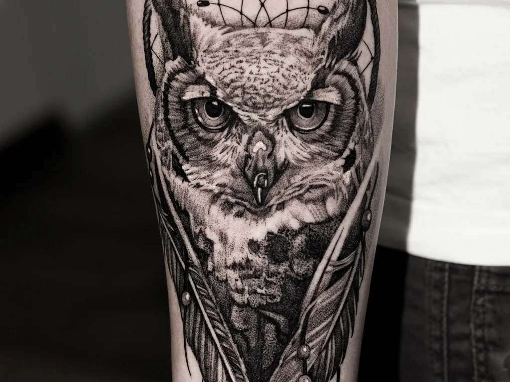 35 Bird Tattoo Ideas: Meanings, Species and Best Placements 23 Owl tattoo with a dreamcatcher on a calf