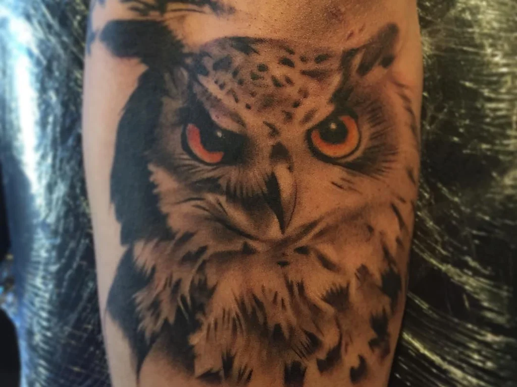 35 Bird Tattoo Ideas: Meanings, Species and Best Placements 25 Horned owl tattoo with orange eyes on a forearm