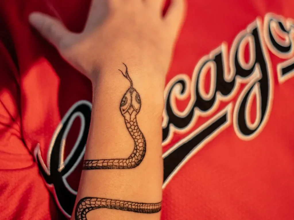 25 Fine Line Tattoo Ideas: Delicate Designs, Honestly Rated 5 Fine line snake tattoo wrapping around a forearm, its head resting near the wrist