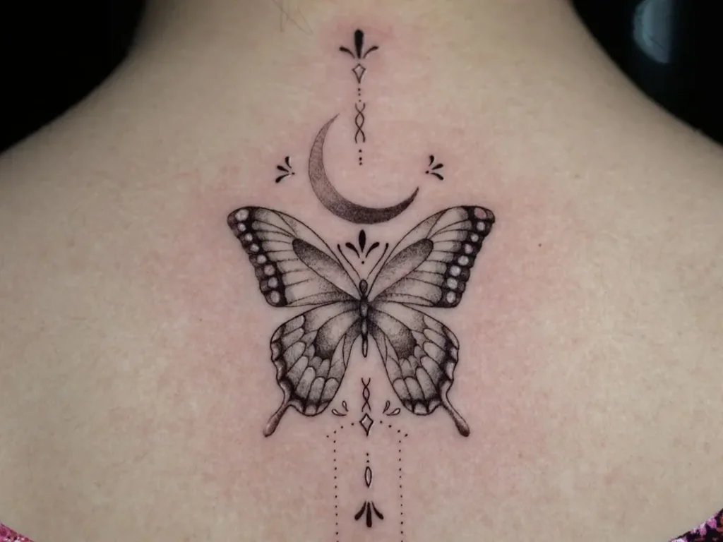 25 Fine Line Tattoo Ideas: Delicate Designs, Honestly Rated 8 Fine line butterfly tattoo with a crescent moon and dangling dot ornaments on an upper back
