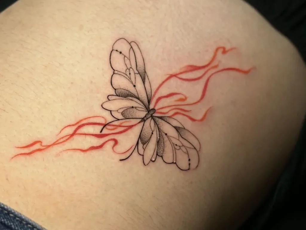 25 Fine Line Tattoo Ideas: Delicate Designs, Honestly Rated 9 Fine line butterfly tattoo with red ink flame trails on a hip