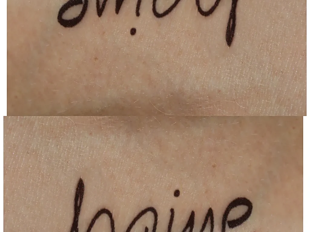 25 Fine Line Tattoo Ideas: Delicate Designs, Honestly Rated 23 Ambigram wrist tattoos reading amour one way and haine the other, shown on both wrists