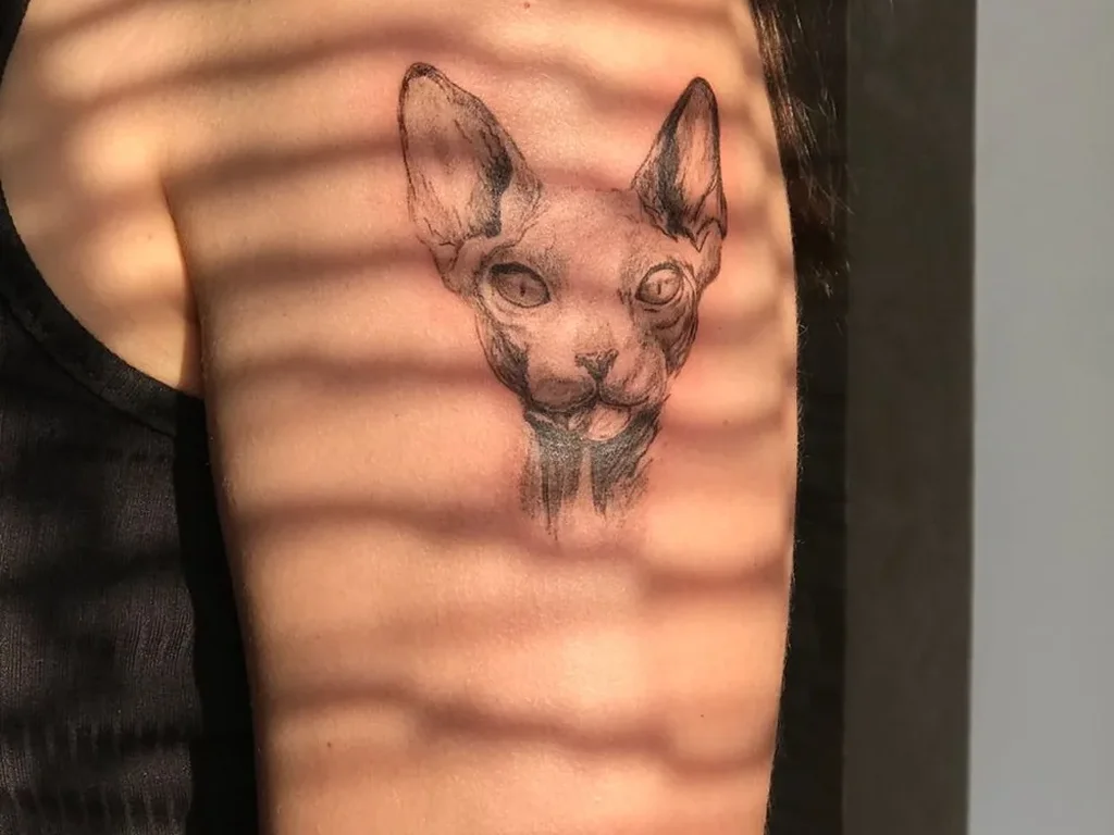 22 Pet Tattoo Ideas: Portraits, Paw Prints and Memorials Done Right 9 Black and grey sphynx cat head portrait tattoo on an upper arm