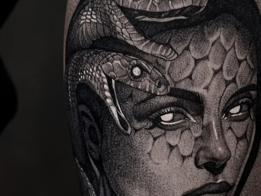 20 Snake Tattoo Ideas: Meanings, Styles and Placements That Work 13 Black and grey Medusa tattoo with detailed snakes for hair by Dom Carter